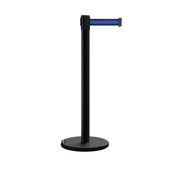 Retractable Belt Rolling Stanchion, 2.5ft Black Post  9ft. Bk/Bl Belt, Montour Line, Mfr#: ME630-BK-BBH-90